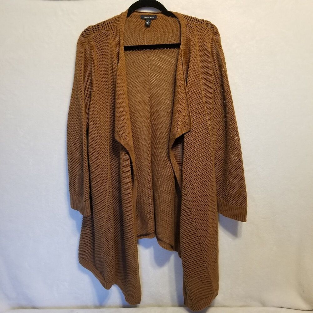 Lands' End 1X Cardigan 100% Cotton Brown Cotton Waterfall Open Front Coastal